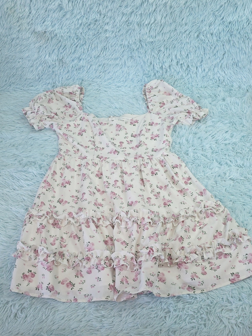 Altar'd State Floral Tiered Mini Dress Puff Sleeve Cottagecore Cream Pink